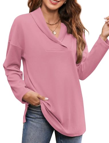 Image of Women's Long Sleeve Tops Fall Shawl Neck Tunic Tops for Leggings Casual Blouse Sweatshirt