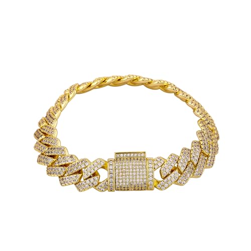 14K Gold Over 925 Silver 13mm Moissanite Bracelet, Box Clasp Densely Set Men's Cuban Hand Chain, Elegant Gift for Dads, Husbands, or Brothers,Gifts for Dad