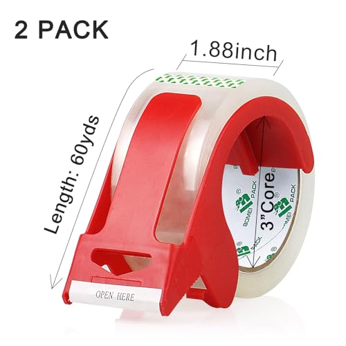 BOMEI PACK Heavy Duty Clear Packing Tape,2 Rolls with refillable Dispenser,Noiseless Packaging Tape 1.88 Inches x 55 Yards,Industrial Grade Boxes Shipping Tape for Moving,Mailing and Storages