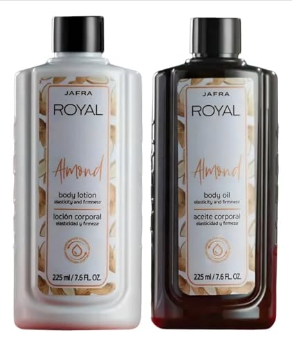 SET JAFRA ROYAL ALMOND RICH BODY OIL WITH VITAMIN E AND HYDRATING BODY LOTION 250 ML 8.4 FL. OZ./ EACH BOTTLE JUEGO DE ACEITE Y LOCION DE ALMENDRAS.