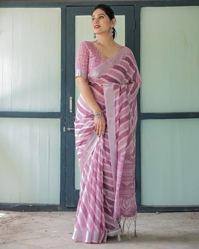 Image of Kaugalian store Linen Cotton Floral Printed Saree for Women with Unstitched Blouse Piece | 5.5 M Saree & 0.8 M Blouse