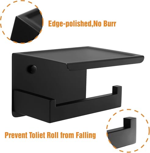 HITSLAM Toilettenpapierhalter Ohne Bohren mit 4 Klebehaken, Edelstahl Selbstklebend Klopapierhalter mit Ablage, Wc Papier Halterung Rollenhalter Wandmontage mit Kleber für Badzimmer Schwarz