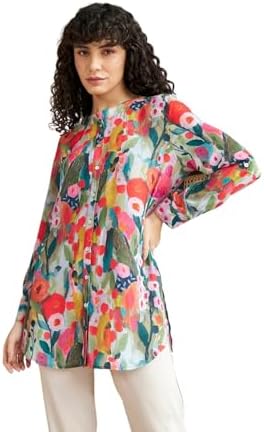 Leriya Fashion Rayon Vibrant Floral Printed Long Cuff Sleeves Button Closure Mandarin Collar Fancy Shirt Style Tops for Women Suitable for Office Party for Girls