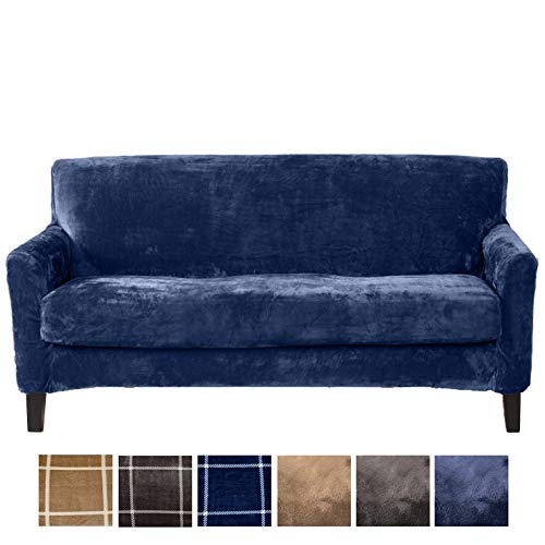 Great Bay Home 2 Piece Modern Velvet Plush Strapless Slipcover. Stretch Furniture Cover. Sorrento Collection (Sofa, Navy - Solid)