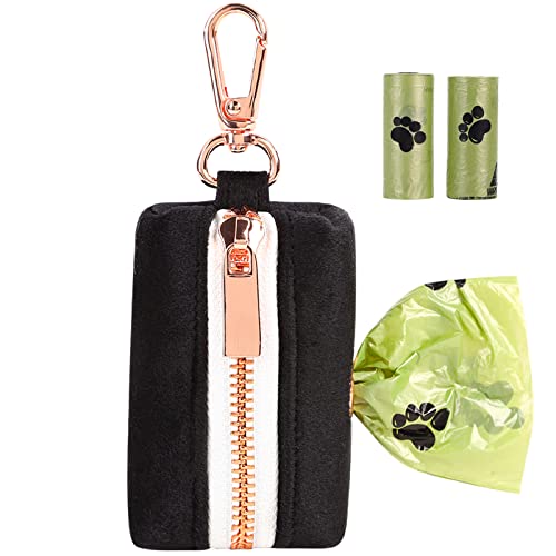 Image of ARING PET Dog Waste Bag Dispenser, Soft Black Doggy Poop Bags Holders Attach to Any Leashes, Velvet Portable Washable Pet Waste Pouch Dispenser with Metal Zipper