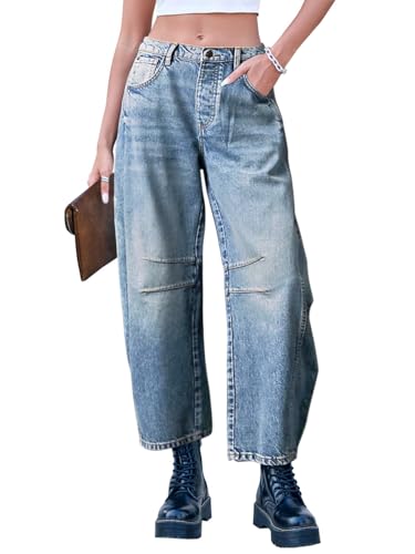 Sexyasasii Barrel Jeans Women Wide Leg Mid-Rise Denim Ankle Pants Y2k Baggy Boyfriend Jeans with Pockets