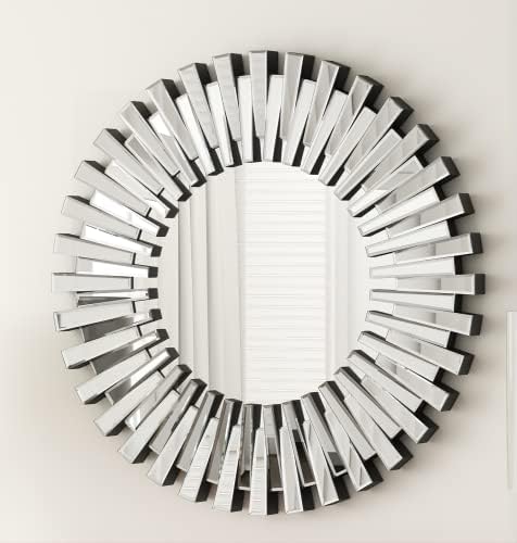 SHYFOY 24 inch Wall Mirrors Decorative Round Sunburst Mirror for Wall Decor Modern Silver Glass, Wall-Mounted Beveled Hanging Circle Accents Mirror for Living Room Bathroom Bedroom Fireplace