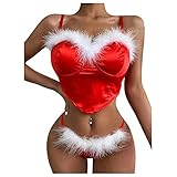 JISHII Weihnachten Dessous-Sets für Damen Satin Pelzig Rot Bügel Vollschalen Softschalen Hosenträger Bustiers mit 1PC Niedrige Taille Tief Sitzender String Verführerisch Sexy Erotische Reizwäsche