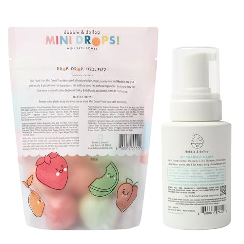 Image of Dabble & Dollop Fresh Fruit Mini Bath Bombs + Vanilla 3-in-1 Shampoo, Body Wash and Bubble Bath for Kids - Toddler & Kids Bath Set, No Synthetic Dyes, Vegan, Gluten-Free, Cruelty-Free (Pack of 2)