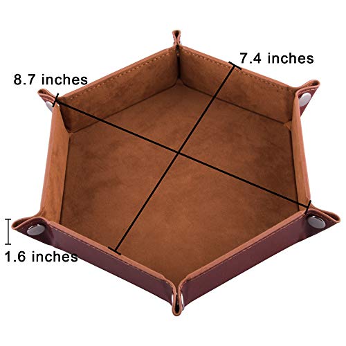 Image of SIQUK 2-Piece Foldable PU Leather Dice Tray, Hexagonal, Brown, Modern, Glossy Finish, Dice Tray for RPG, DND and Other Table Games