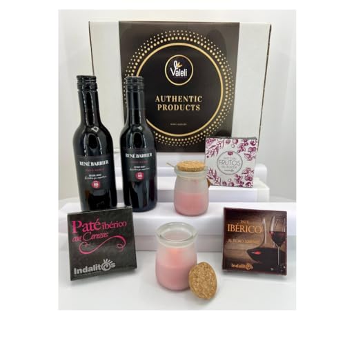 Valeli,Cesta gourmet para regalar.Pates ibérico, frutas del bosque. Vino 2 botellas 0,25cl y velas.Regalo original dia del padre, dia de la madre (Tinto Roble)