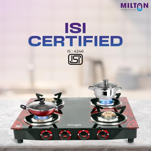 MILTON Premium Red Manual Ignition Glass Top Gas Stove, (ISI Certified) (4 Burner) - Image 3