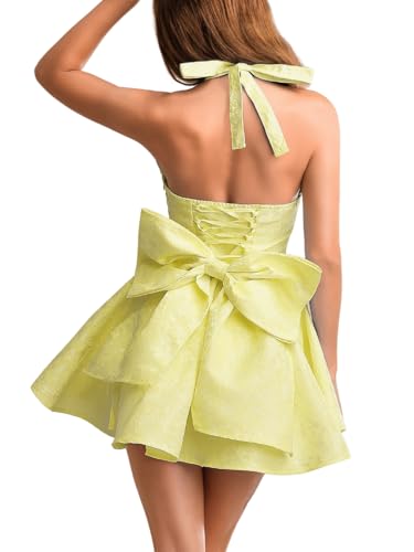 Image of ShawGobow Jacquard Corset Dress,Deep V Halter Mini Dresses with Bow Back,Sexy Birthday Outfits Women Homecoming Prom Formal