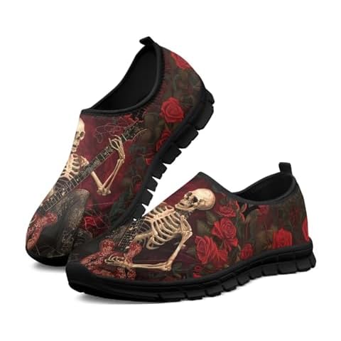 ZERODATE Skull with Roses Walking Sneakers House Shoes for Men Casual Cozy Lightweight Breathable Mesh Shoes Soft EVA Sole Anti-Slip Sneakers for Halloween Size 9.5 Black Sole Cover