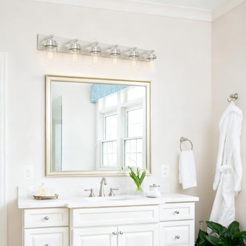 Image of IZORRO Bathroom Vanity Light Fixture, 6-Light 46 Inch Brushed Nickel Bathroom Light Fixtures Over Mirror, with Clear Glass Shade, Modern Farmhouse Vanity Lights, Rustic Restroom Lighting Fixtures