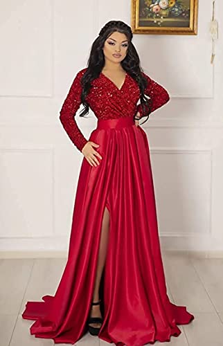 YMSHA Women's Sparkly Sequin Prom Ball Gown with Pockets Long Sleeve Satin Formal Evening Dress with Slit YMS2242