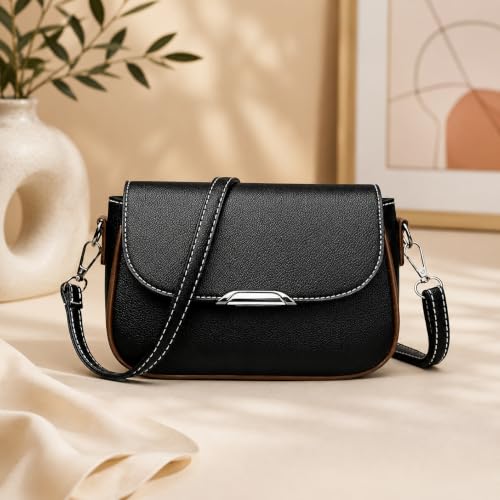 Image of SELECTION INDIA Women's Black Shoulder Bag | Premium PU Leather Handbag for Women | Spacious Everyday Purse for Work | College & Travel