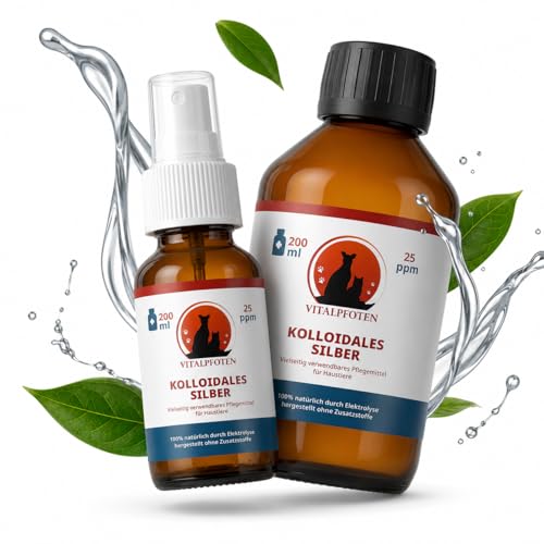 Vitalpfoten Kolloidales Silber 25ppm 200 ml Medizinglas Flasche + gratis leere Sprühflasche für Hunde, Katzen, Haustiere, höchste Reinheit und Qualität durch Elektrolyse Herstellung in Deutschland