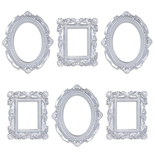 Image of 6 Pcs Mini Frames, Silver Small Vintage Picture Frames Antique Resin Photo Frame for DIY Craft Galley Wall Hanging Jewelry Display Shooting Photo Props Christmas Decor (Without Backings)