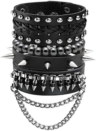 Eigso Punk Leather Studded Bracelets for Men Women Vintage Hematite Cuff Wristbands for Man Women