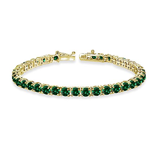 Yellow Gold Flashed Sterling Silver 4Mm Simulated Emerald Round-Cut Tennis Bracelet #TOP26