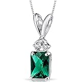 PEORA 14K White Gold Created Emerald with Genuine Diamond Pendant, Elegant Solitaire, Radiant Cut, 7x5mm, 1 Carat total, Green Emerald Jewelry, May Birthstone, w/Jewelry Box
