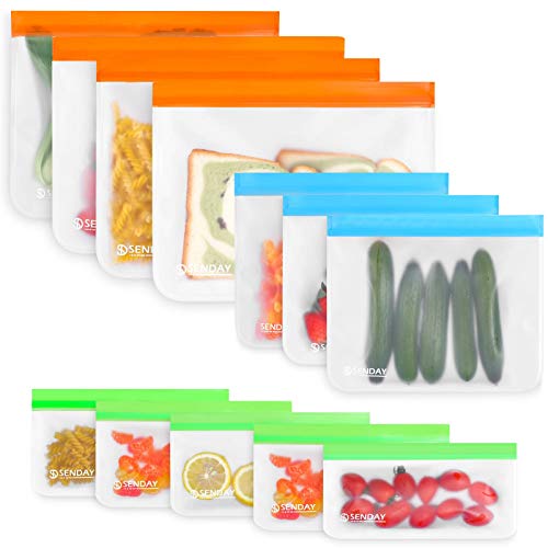 12 Pack Reusable Food Storage Bags, BPA FREE Freezer Bags Silicone Ziplock Bags (4 Reusable Gallon Bags, 3 Leakproof Sandwich Bags, 5 Thick Snack Bags) for for Meat Fruit Cereal Snacks & Organization
