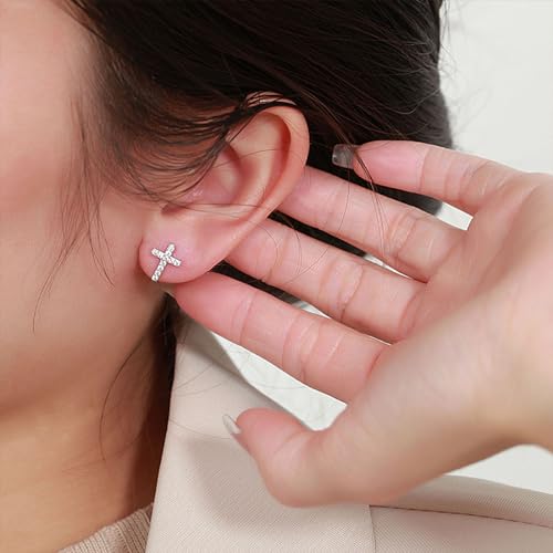 Small Cross Earrings, Tiny Cubic Zirconia Cross Studs Earrings, Simple Mini Earrings for Women Men Silver — view 4