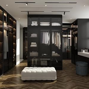 Hitow Wardrobe Cabinet with LED Lights, Armoire Closet with Glass Doors, Wooden Large Wardrobe with Hanging Rod & 5 Tiers Shelf, Modern Bedroom Armoire Clothes Organizer, Black 47.2" W Hitow Wardrobe Cabinet with LED Lights Armoire Closet with Glass Doors Wooden Large Wardrobe with Hanging Rod 5 Tiers Shelf Modern Bedroom Armoire Clothes Organizer Black 472 W