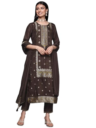 Image of Libas Womens Embellished Silk Blend Straight Kurta With Trousers and Dupatta