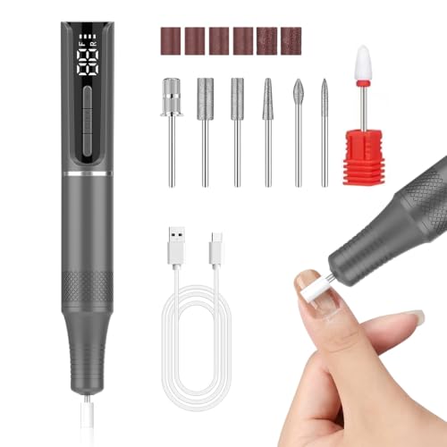 Hensu ProNail 35 Cordless Electric Nail Drill 35-Speed Rechargeable Manicure & Pedicure Machine 18000 RPM Forward/Reverse LED Display USB-C Grey