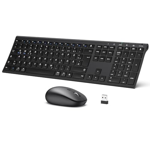 iClever Tastiera Bluetooth con mouse, ricaricabile a doppia modalità USB e Bluetooth tastiera in metallo, ultra sottile, silenziosa, mouse wireless per PC/Tablet/MacOS, layout QWERTZ