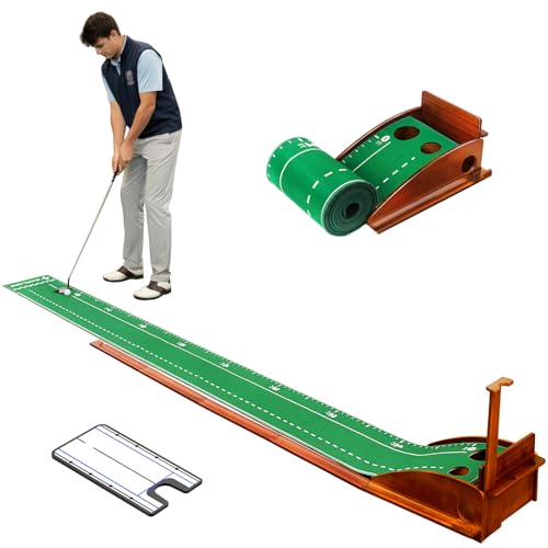 SAPLIZE Indoor/Outdoor Putting Mat with Auto Ball Return, Dual Holes & Distance Markers - Portable Golf Practice Green for Home or Office Training Aid(Gift Box Packaging)