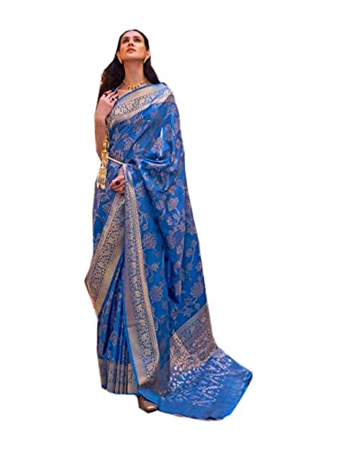 Sari indien en soie tissé main bleu marine luxe pour mariage traditionnel