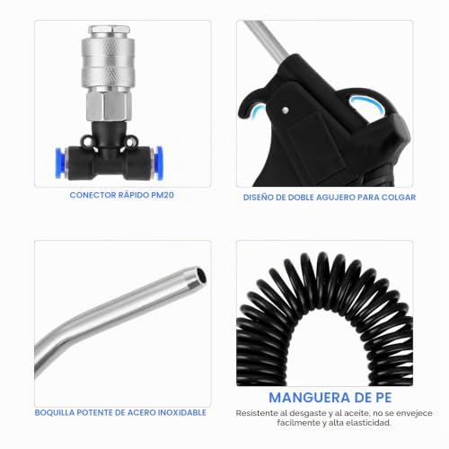 Miniatura 6 de Knpwer Pistola De Soplado De Aire 5 M, Manguera Espiral, Manguera Flexible Para Camiones Para Limpieza De Polvo, Enchufe Negro