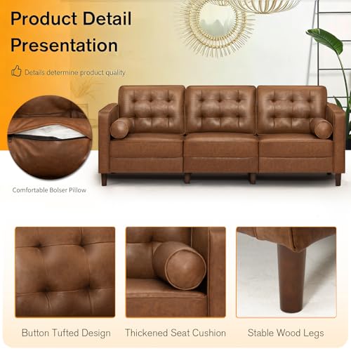 Image of 84 inch Faux Leather 3-Seat Sofa w /Two Bolster Pillows, Brown | Mid-Century Modern Sofa w /Tufted Backrest, Luxury 3-Seater Couch for Living Room, Bedroom, Office