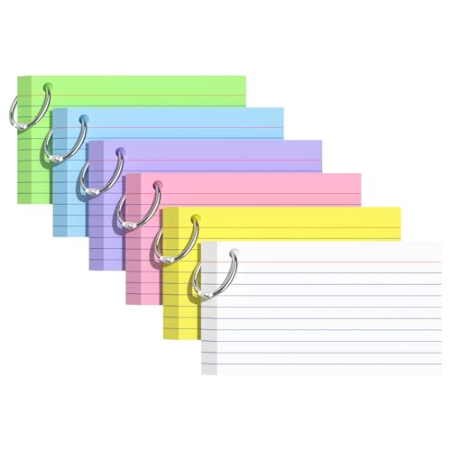 Index Cards 3x5 Inches, 300 PCS, Colored Flash Cards With Ring, Punched Lined Study Card Ruled Flashcards Notecards, Ruled Front And Blank Back, Note...