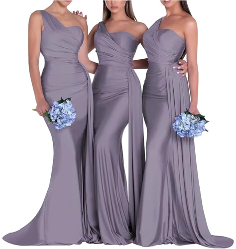 Image of One Shoulder Bridesmaid Dresses for Wedding Long Satin Bodycon Prom Dress Mermaid Formal Evening Gowns
