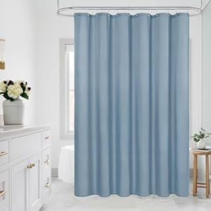 MitoVilla Stall Half Size Shower Curtain Liner, 36 x 72 Inch Fabric Bath Curtain Liner for Modern Hotel, Light Blue Shower Liners with Plastic Hooks, Washable & Water Repellent