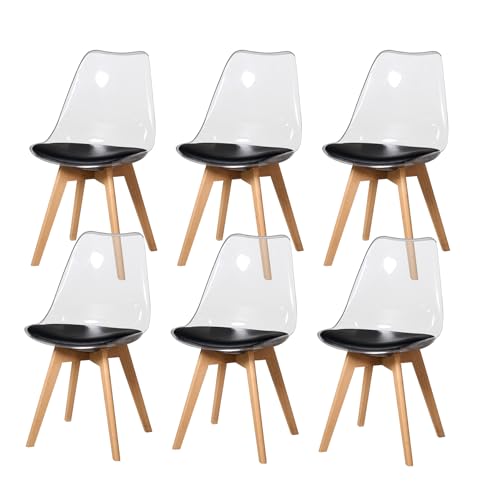 DEYARNA HOME Juego de 6 Sillas de Comedor con Cojín de Cuero PU, Silla Lateral de Plástico Transparente para Comedor, Salón, Dormitorio, Oficina (Negro)