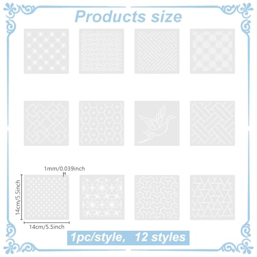 FREEBLOSS Sashiko Embroidery Stencils 14 x 14 cm