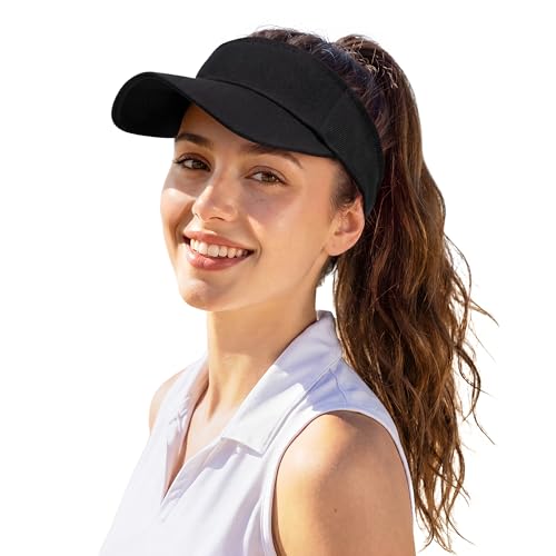 Zando Black 3.2 Structured Brim Sun Visor Hats for Women UPF 50+ Sun Protection hat Quick-Dry Open-Top Sports Visor with Sweatband for Golf Tennis Pickleball and Running