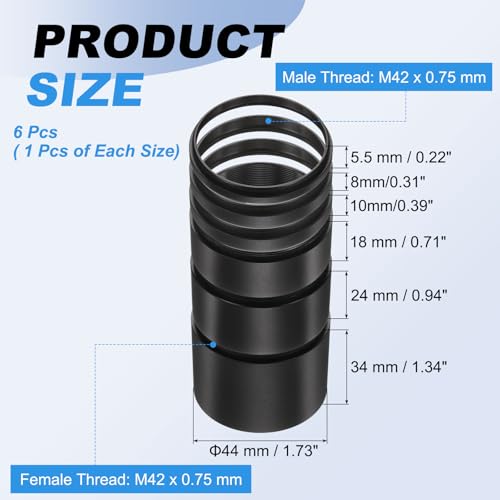 Anillo Adaptador de Extensión para Telescopio PATIKIL de Aleación de Aluminio M42x0.75 mm, 6 piezas (3/5/7/15/20/30 mm), Negro miniatura 2