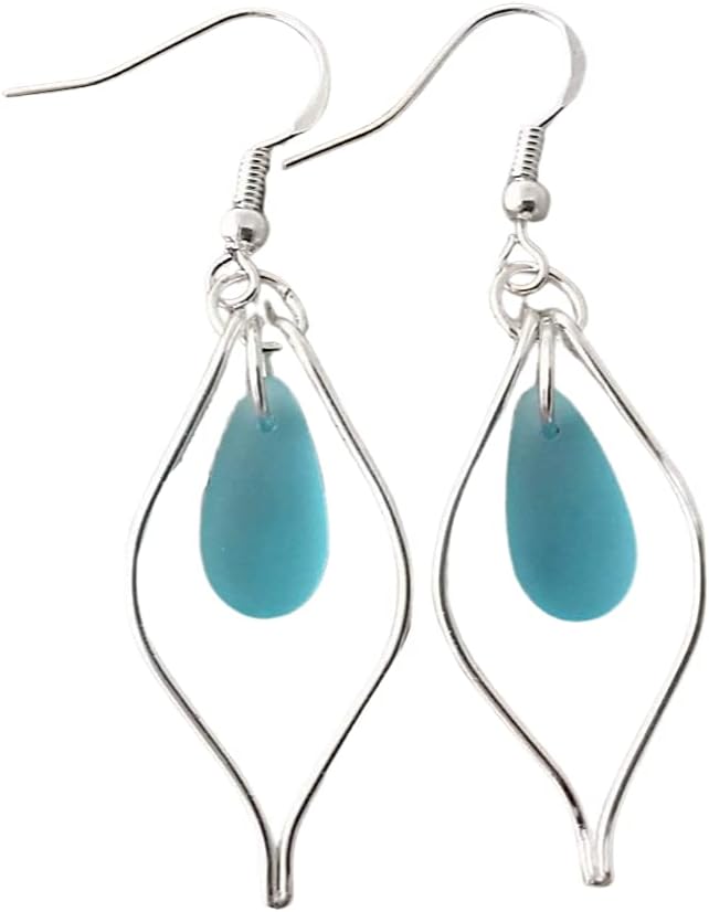 Yinahawaii Handmade Sea Glass Earrings, Hawaiian Jewelry, Wire Loop Turquoise Blue Earrings, Sea Glass Jewelry For Women Birthday Gift (December Birthstone)