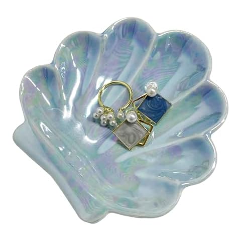 TIGERMILLION Shell Jewelry Tray, Sky Blue Seashell Jewelry Dish, Ceramic Trinket Dish, Trinket Dish Home Decorative Plate For Earrings Necklace Bracelet Organizer Display (Sky Blue) Cover