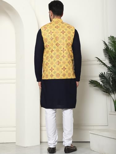 Image of SOJANYA (Since 1958 Men's Cotton Linen Maroon Kurta and White Pyjama with Mustard Cotton Nehru Jacket