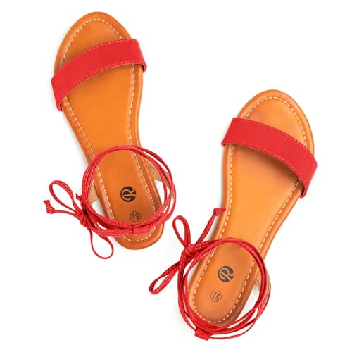 Rekayla Open Toe Tie Up Ankle Wrap Flat Sandals for Women Red 07