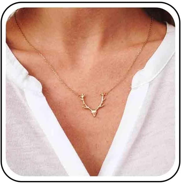 Vintage Deer Antler Pendant Necklace Gold Elk Head Choker Necklace Boho Antler Deer Choker Necklace Cute Animal Necklace Chain Jewelry for Women