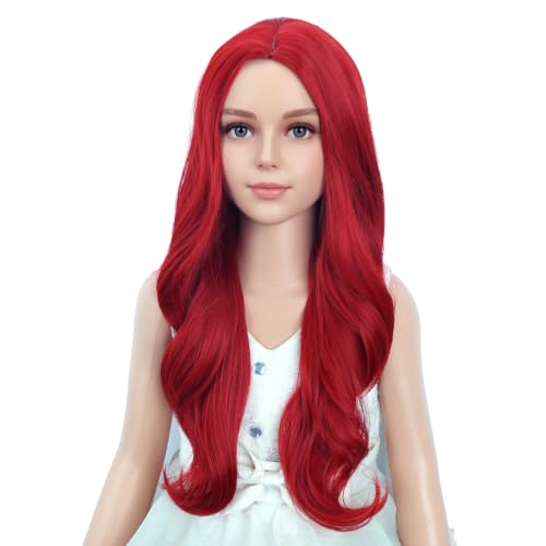 Image of PATTNIUM Kids Child Red Wig Long Curly Wavy Red Wig Middle Part Girls Heat Resistant Synthetic Hair Wigs