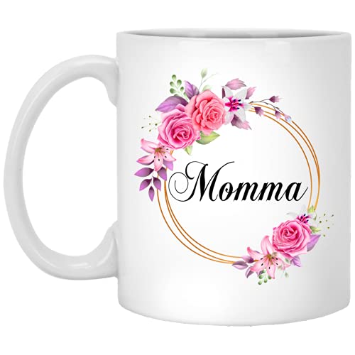 Momma Flower Novelty Coffee Mug Gift For Mother's Day - Momma Pink Flowers On Gold Frame - New Momma Mug Flower - Birthday Gifts For Momma - Momma Coffee Mug 11oz